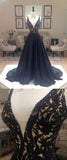 Charming Long A-Line V-Neck Black Lace Prom Dresses Party Dresses Rjerdress
