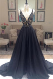 Charming Long A-Line V-Neck Black Lace Prom Dresses Party Dresses Rjerdress