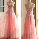 Charming Long Appliques Pink Sleeveless A-Line Scoop Elegant Prom Dresses RJS782 Rjerdress