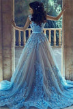Charming Long Gorgeous Blue Lace Applique Prom Dresses Evening Dresses Rjerdress