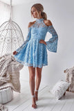 Charming Long Sleeve Blue Lace Halter Homecoming Dresses Cocktail Dresses H1267 Rjerdress
