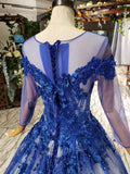 Charming Long Sleeve Round Neck Tulle Blue Beads Ball Gown Party Dresses with Lace up P1089 Rjerdress