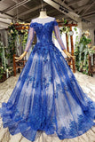 Charming Long Sleeve Round Neck Tulle Blue Beads Ball Gown Party Dresses with Lace up P1089