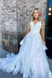 Charming Long Spaghetti Straps Tulle Prom Dresses with Lace Applique Elegant Formal Evening DressesRJS753