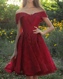 Charming Off The Shoulder Burgundy Lace Short Homecoming Dresses Rjerdress