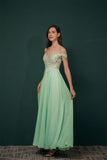 Charming Off The Shoulder Long Chiffon Prom Dresses With Appliques Rjerdress