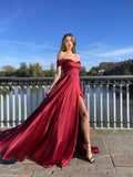 Charming Off The Shoulder Long Slit Burgundy Simple Prom Dresses