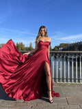 Charming Off The Shoulder Long Slit Burgundy Simple Prom Dresses Rjerdress