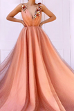 Charming Orange 3D Flowers Long Prom Dresses V-Neck Tulle Cheap Evening Dresses