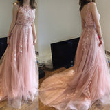 Charming Pink Lace Tulle Long A-line Open Back Elegant Little Train Wedding Dresses RJS624 Rjerdress