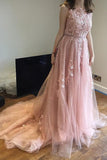 Charming Pink Lace Tulle Long A-line Open Back Elegant Little Train Wedding Dresses RJS624