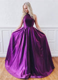Charming Purple Backless Sleeveless A Line High Neck Long Satin Prom Dresses Rjerdress