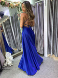 Charming Royal Blue Spaghetti Straps Sexy Sleeveless Evening Dress Slit Open Back Prom Dresses RJS847 Rjerdress