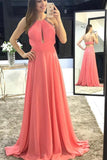 Charming Scoop A-Line Long Watermelon Chiffon Backless Sleeveless Prom Dresses RJS318