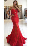 Charming Sexy Long Red Lace Cheap Mermaid Spaghetti Straps Sweetheart Prom Dresses UK RJS321