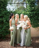 Charming Sheath Hatler Satin Sage Long Bridesmaid Dresses