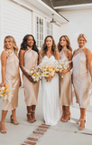 Charming Sheath Hatler Silk Satin Tea-Length Bridesmaid Dresses