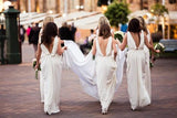 Charming Sheath Ivory V Neck Floor Length V Back Ruffles Bridesmaid Dresses Rjerdress