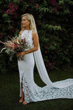 Charming Sheath Lace Bride Gown with Slit Open Back Ivory Boho Wedding Dresses RJS15124