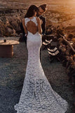 Charming Sheath Lace Bride Gown with Slit Open Back Ivory Boho Wedding Dresses RJS15124 Rjerdress