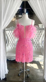 Charming Sheath Spaghetti Straps Pink Short Beaded Feather Homecoming Dresses Rjerdress