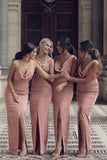 Charming Sheath V Neck Slit Pink Long Bridesmaid Dresses RJS515