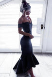 Charming Simple Mermaid Long Off The Shoulder Navy Blue Prom Dresses Rjerdress