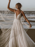 Charming Spaghetti Strap V Neck Long Beach Wedding Dresses Rjerdress