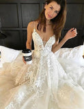 Charming Spaghetti Straps V Neck Long Ivroy Lace Wedding Dresses Rjerdress