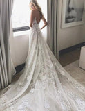 Charming Spaghetti Straps V Neck Long Ivroy Lace Wedding Dresses Rjerdress