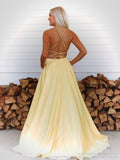 Charming Spaghetti Straps Yellow Chiffon Prom Gowns with Slit Sexy Woman Dress RJS844 Rjerdress