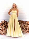 Charming Spaghetti Straps Yellow Chiffon Prom Gowns with Slit Sexy Woman Dress RJS844