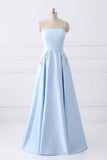 Charming Strapless Light Blue Lace Up Open Back Long Prom Dresses With Pockets Rjerdress