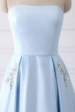 Charming Strapless Light Blue Lace Up Open Back Long Prom Dresses With Pockets Rjerdress