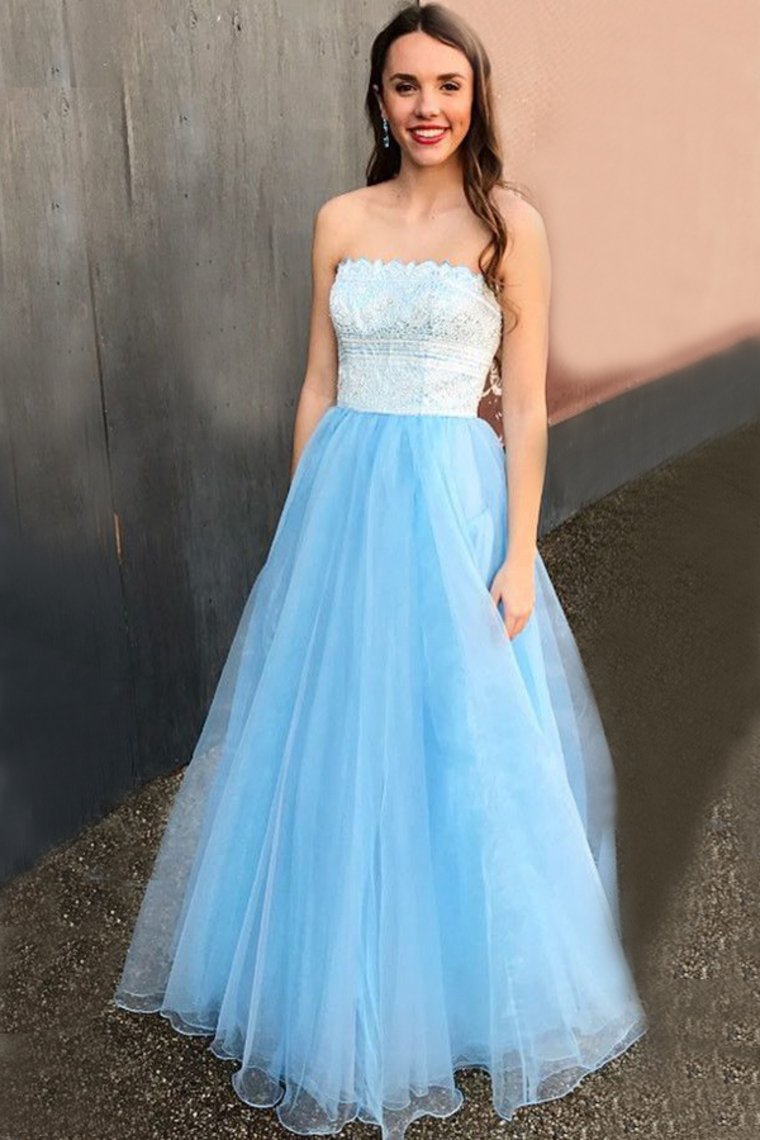 Charming Strapless Long Lace Tulle Light Blue Elegant Prom Dresses Rjerdress