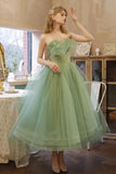 Charming Strapless Ruffles Tea Length Lace Up Tulle Homecoming Dress, Short Prom Dresses Rjerdress