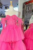 Charming Strapless Sweetheart Lace High Low Appliques A-line Tiered Prom Dresses RJS128 Rjerdress