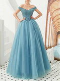 Charming Tulle Beading Off the Shoulder Prom Dresses Beauty Evening Dresses Rjerdress