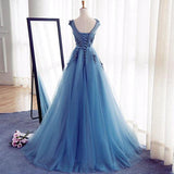 Charming Tulle Blue Lace up A-Line Appliques Long Sleeveless Scoop Prom Dresses uk Z123 Rjerdress