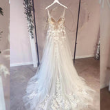 Charming Tulle V-Neck A-Line Beach Wedding Dress With Appliques Rjerdress
