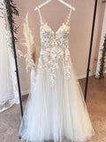 Charming Tulle V-Neck A-Line Beach Wedding Dress With Appliques Rjerdress