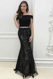 Charming Two Piece Black Lace Long Prom Dresses Modest Sheath Evening Dresses