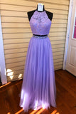 Charming Two Piece Long Halter Open Back Flowy Violet Tulle Beading Prom Dresses Rjerdress