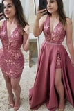 Charming Two Piece V Neck Blush Pink Lace Long Prom Dresses Elegant Beading Evening Dresses Rjerdress
