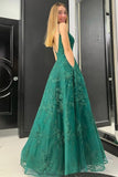 Charming V-Neck Backless Green Lace Long Open Back Formal Women Dress RJS980 Rjerdress