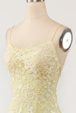 Charming Yellow Mermaid Lace Square Spaghetti Straps Long Open Back Prom Dresses Rjerdress