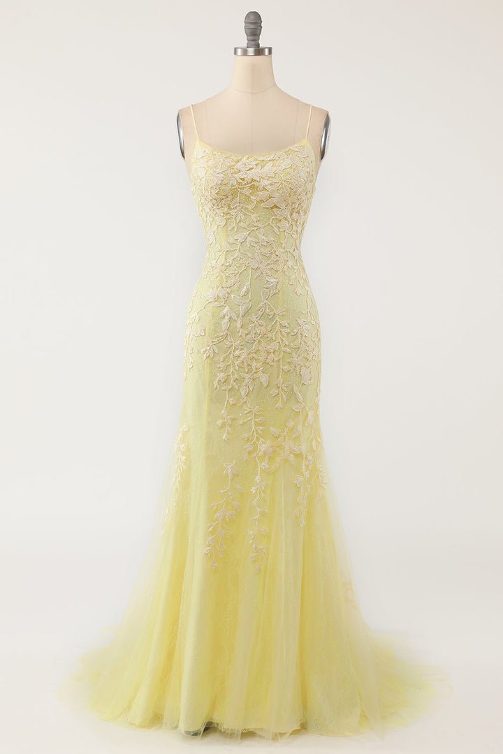 Charming Yellow Mermaid Lace Square Spaghetti Straps Long Open Back Prom Dresses Rjerdress