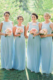 Cheap A-Line Bateau Sleeveless Light Sky Blue Chiffon Aline Long Bridesmaid Dress with Lace