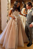 Cheap A Line Cap Sleeve Beaded Prom Dresses With Lace Appliques, Nude Quinceanera Dress RJS238