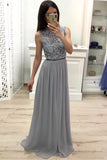 Cheap A Line Chiffon Sleeveless Lace Appliques Long Prom Dresse, Floor Length Evening Dress
